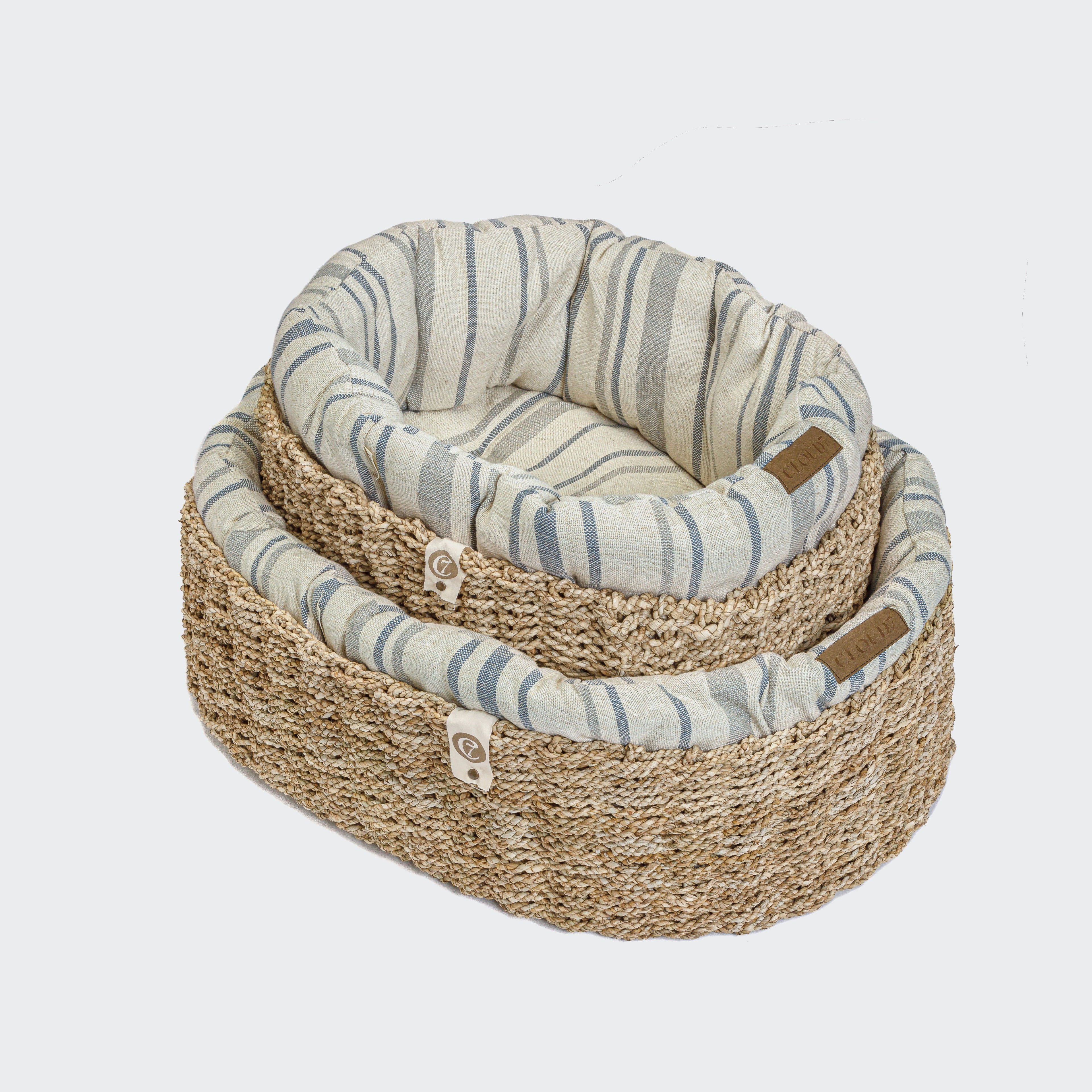 Cozy Linen Striped Dog Basket - Natural/Blue